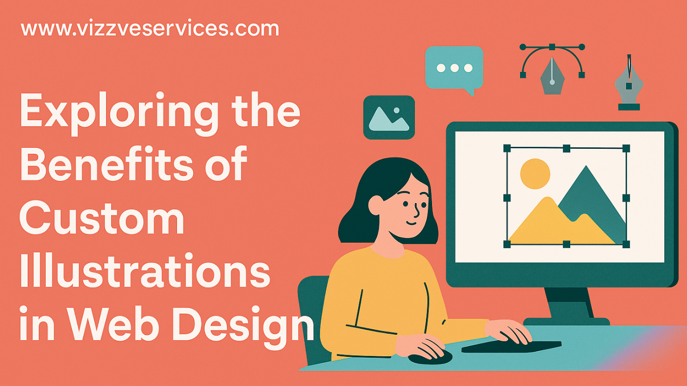 Illustration of a web designer creating custom visuals on a computer screen to enhance web design, representing Vizzve Services' creative approach.